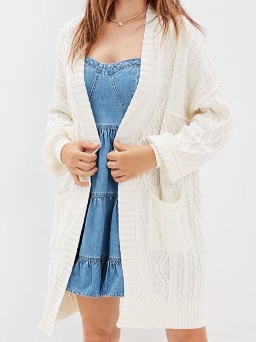 AEO L Cream Oversized Cotton Blend Patchwork Knit Cardigan